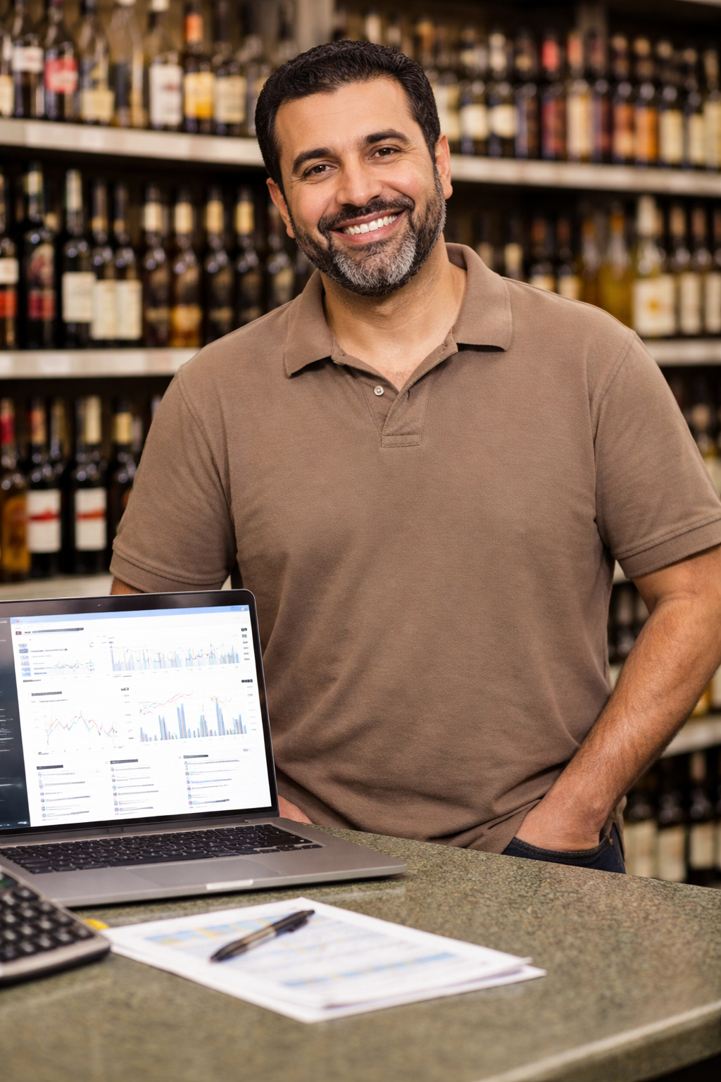 Business owner smiling at counter